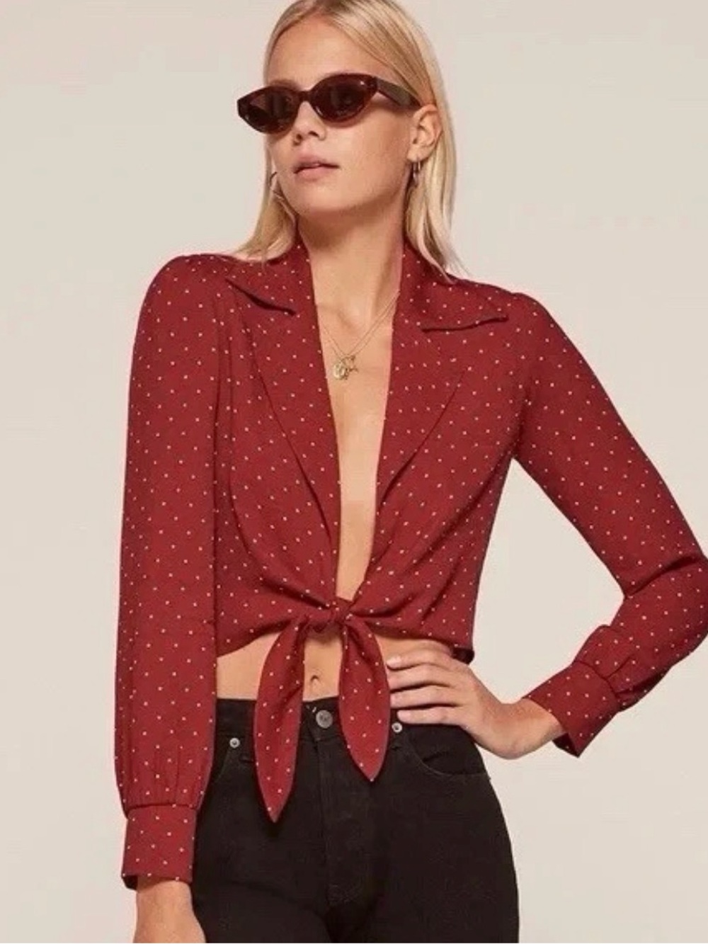 Reformation Rust Red Polka Dot Tie-Front Blouse